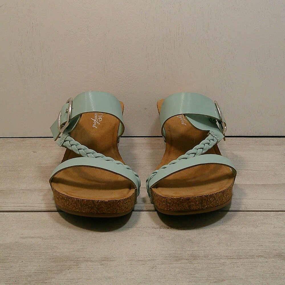 Annie Comfort Light Aqua Boho Summer Cork Coastal Wedges Braided Strap SZ 6.5 - Picture 2 of 13